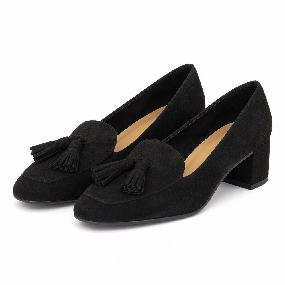 C.M. Tassel Block Heel Loafers Womens 9M Black Excellent Dark Academia Officecor